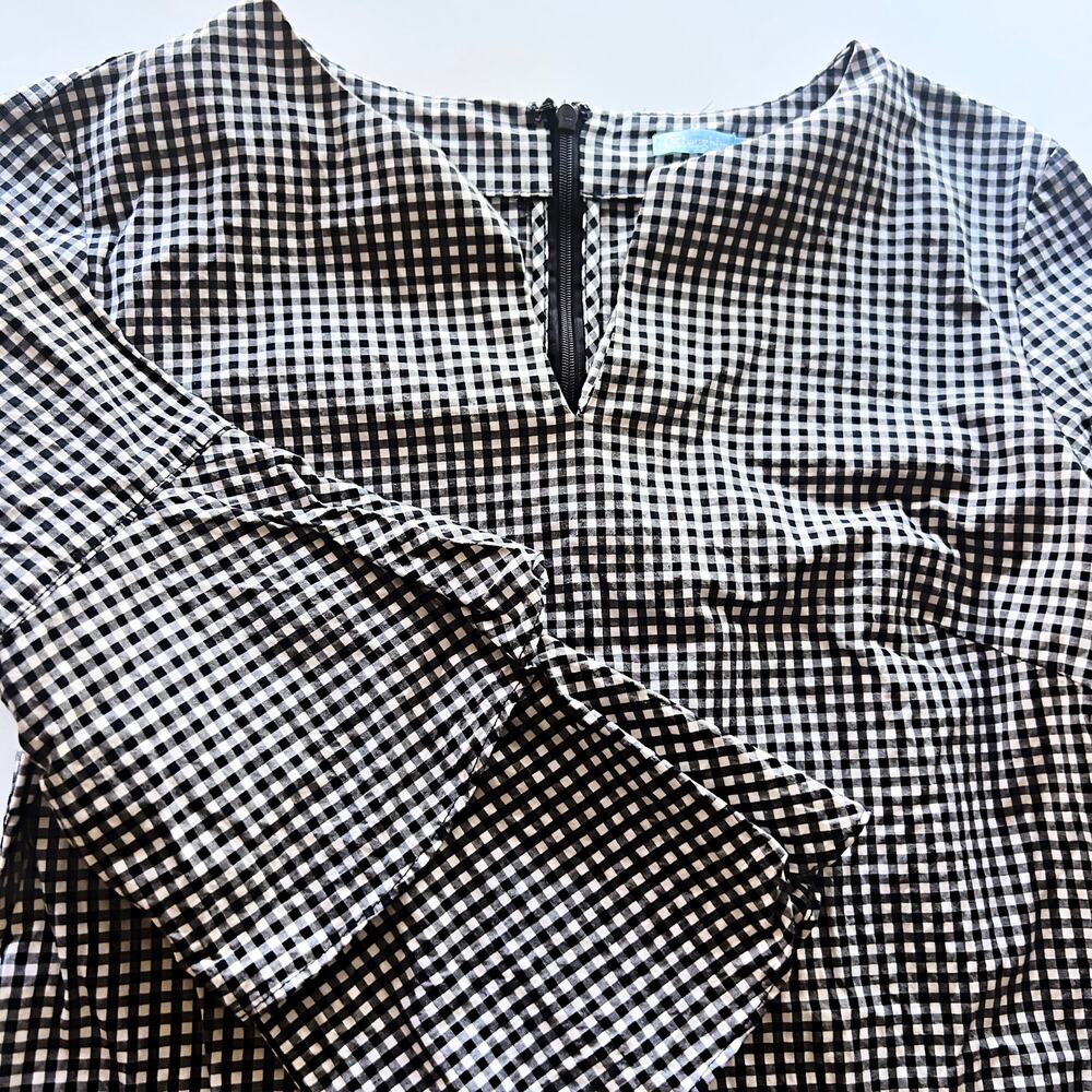 J. McLaughlin Letty Bell Ruffle Sleeve Cotton Gingham Black White Checked Sm